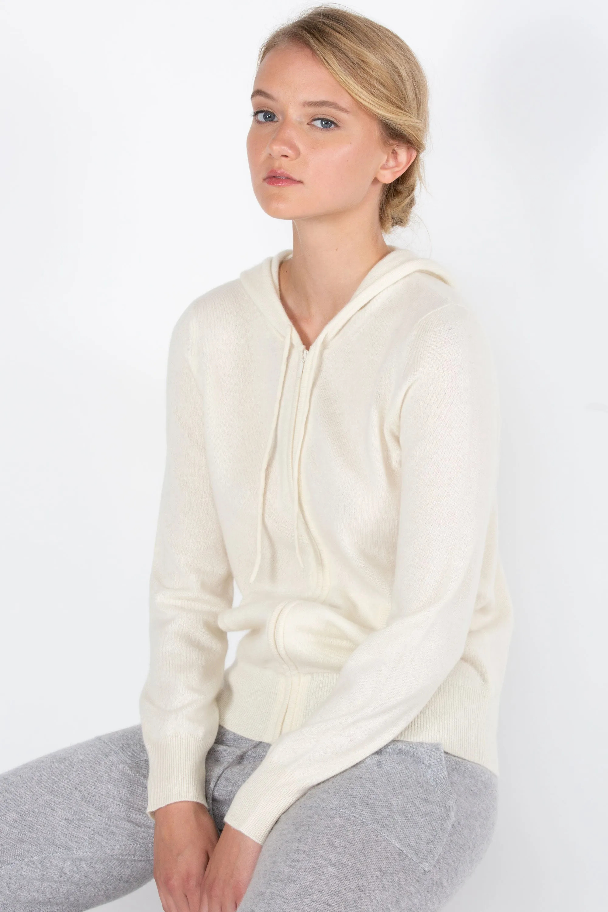 JENNIE LIU Women's 100% Pure Cashmere Long Sleeve Zip Hoodie Cardigan Sweater