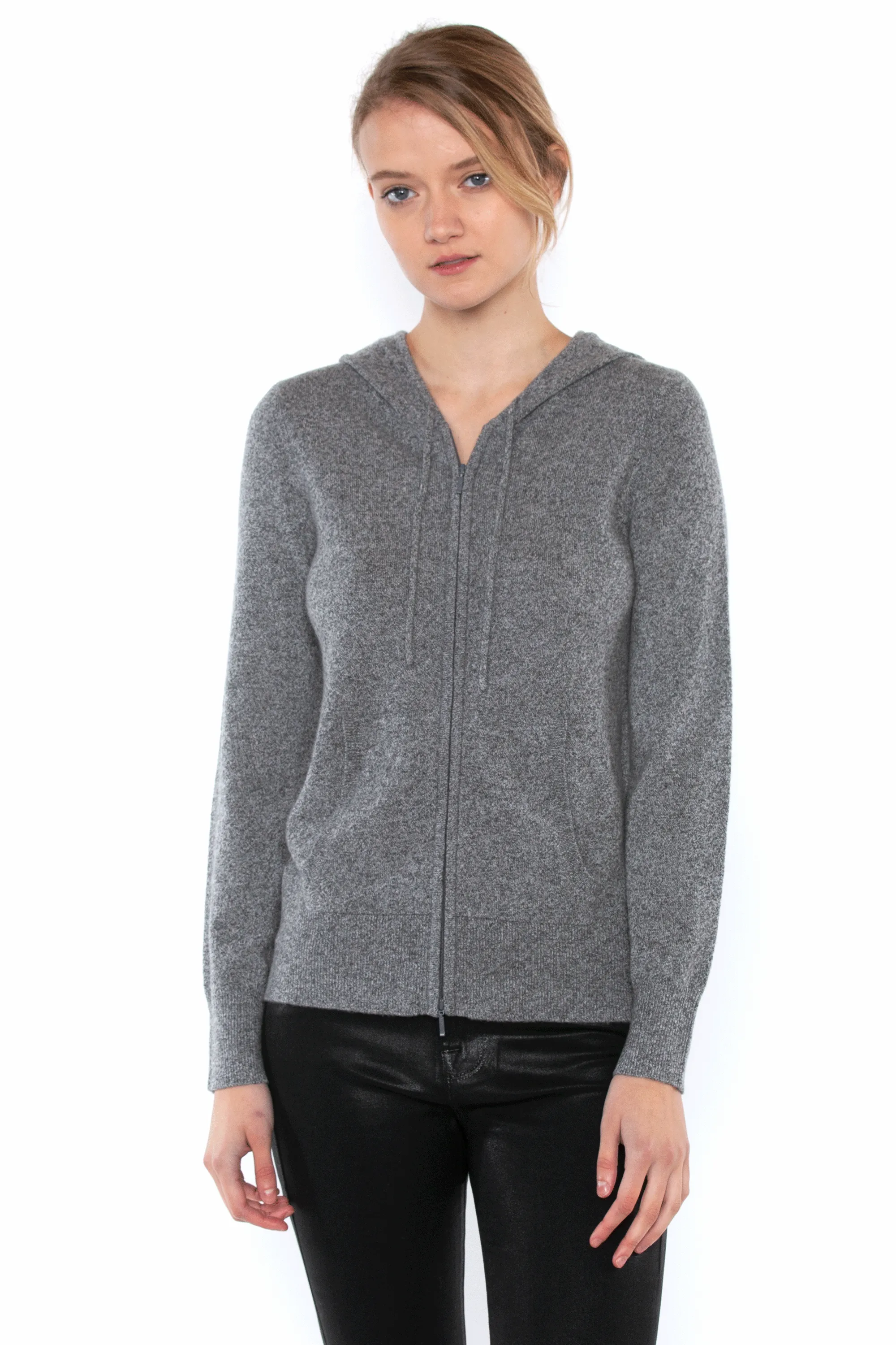 JENNIE LIU Women's 100% Pure Cashmere Long Sleeve Zip Hoodie Cardigan Sweater