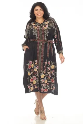 Johnny Was Biya Black Fairlie Embroidered Belted Midi Slip Dress Plus Size B37923B6X