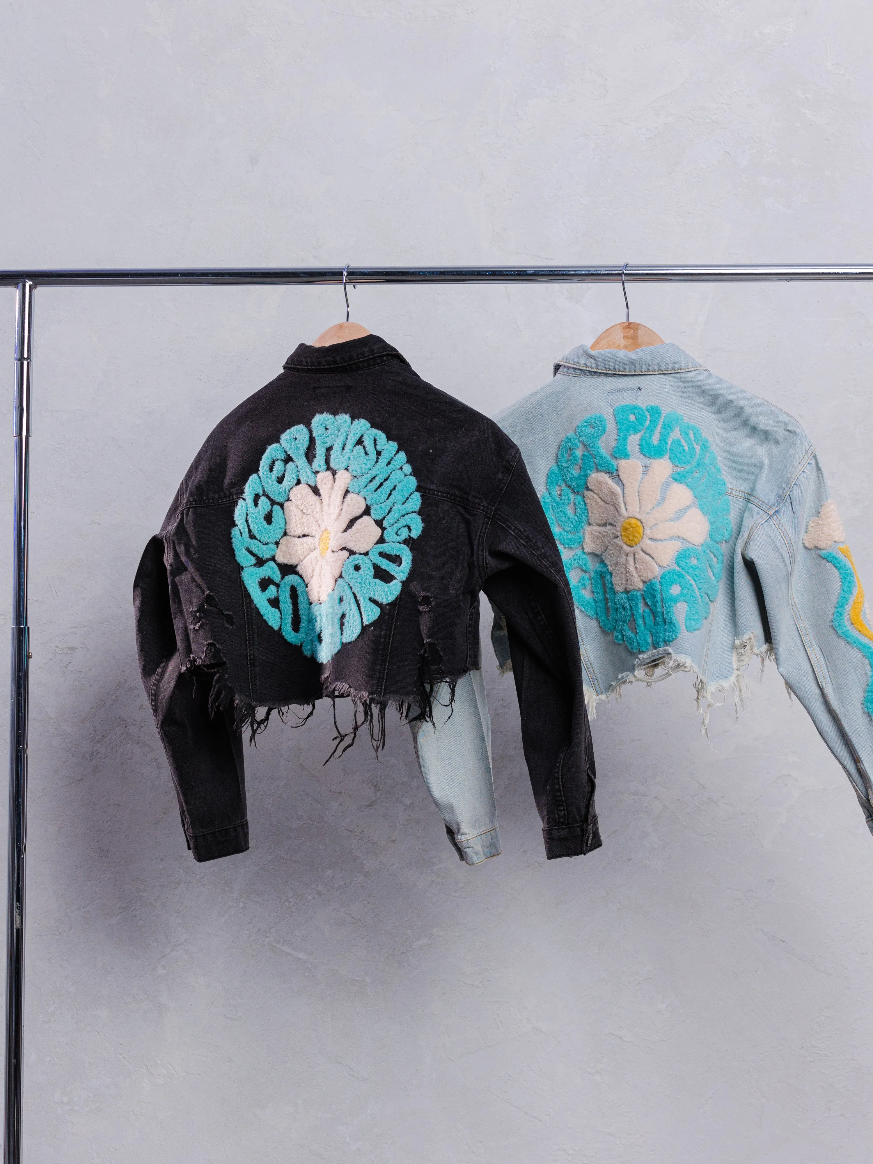 KEEP PUSHING FORWARD Crop Denim Jacket