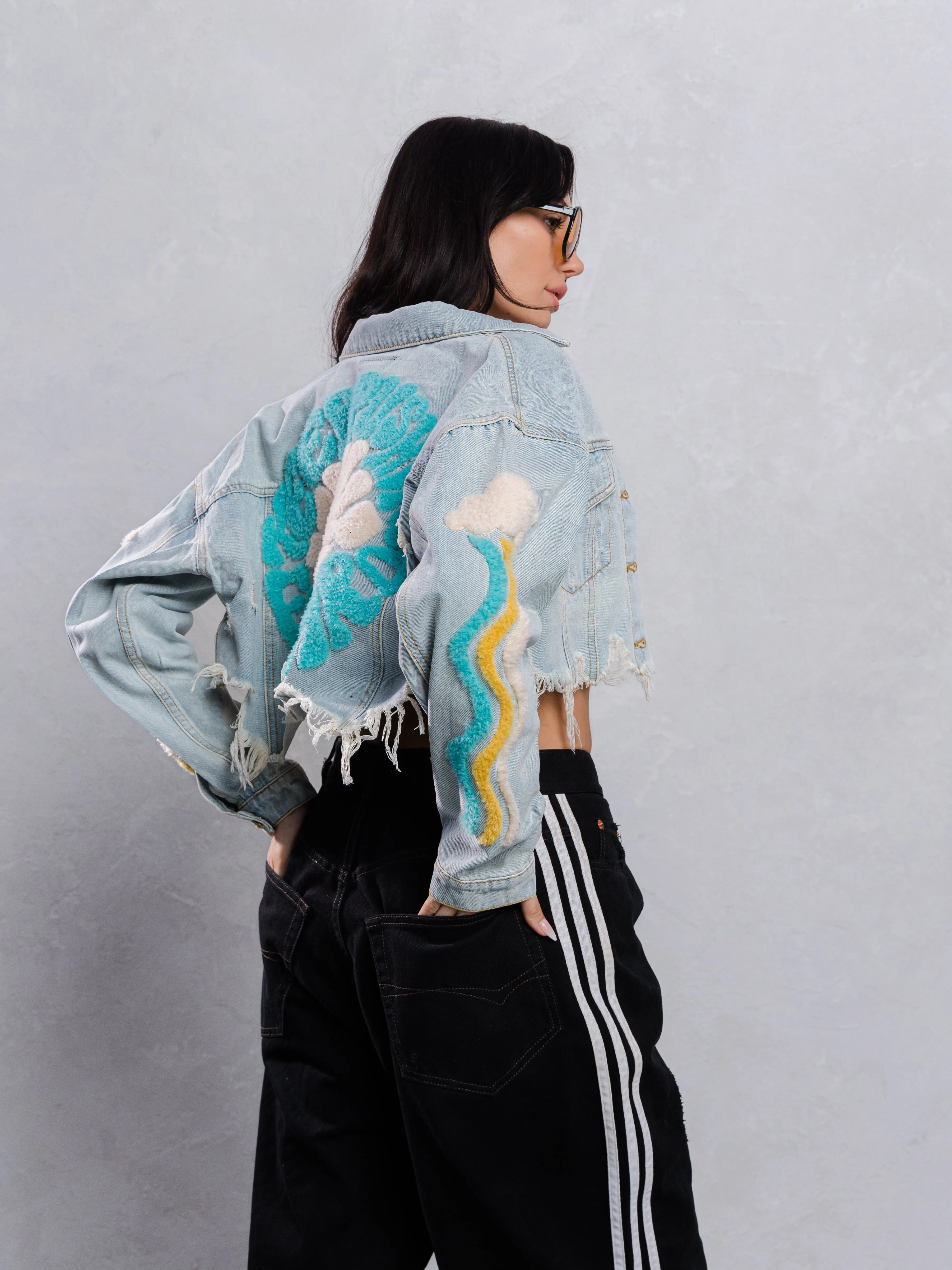 KEEP PUSHING FORWARD Crop Denim Jacket