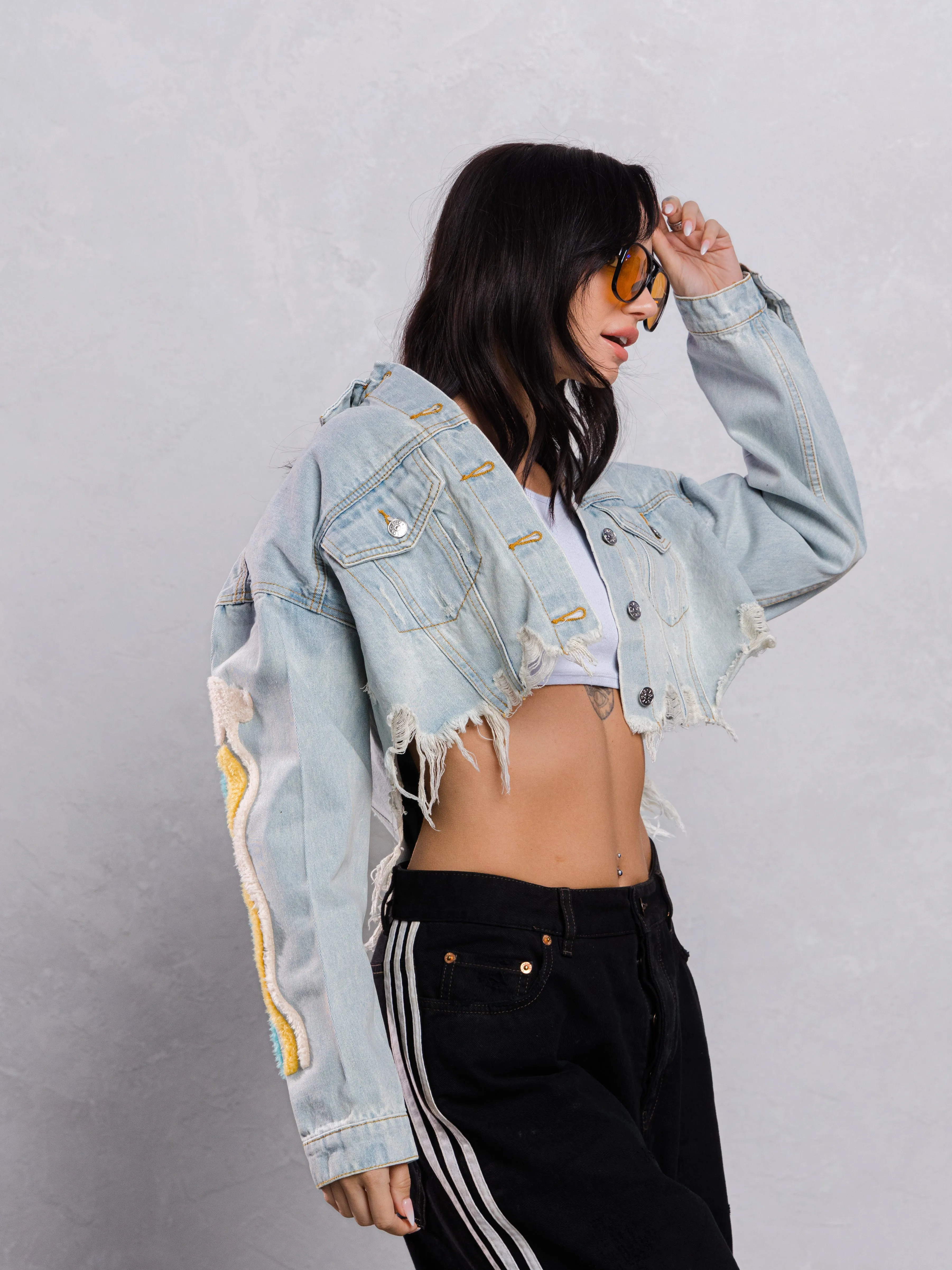 KEEP PUSHING FORWARD Crop Denim Jacket