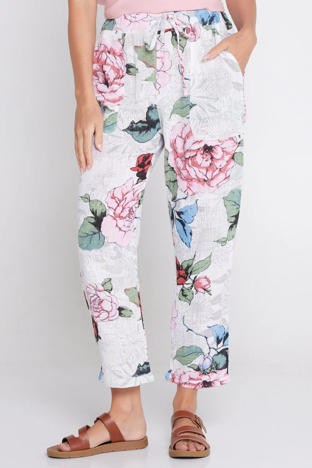 Kiana Linen Pants  - White Floral