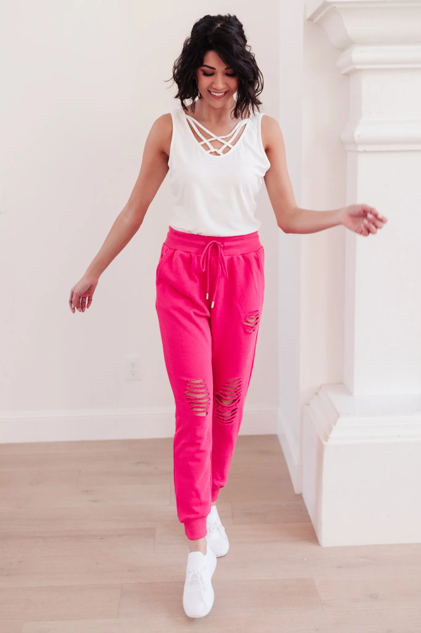 Kick Back Distressed Joggers Hot Pink