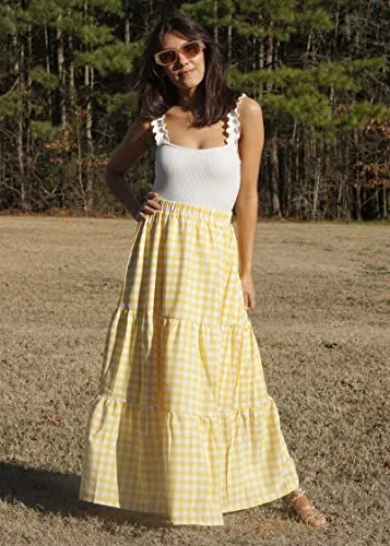 KIRUNDO Women's 2023 Spring Summer Casual High Waist Plaid Maxi Skirt A-Line Tiered Ruffle Flowy Swing Gingham Long Skirts(Solid-Yellow, X-Large)