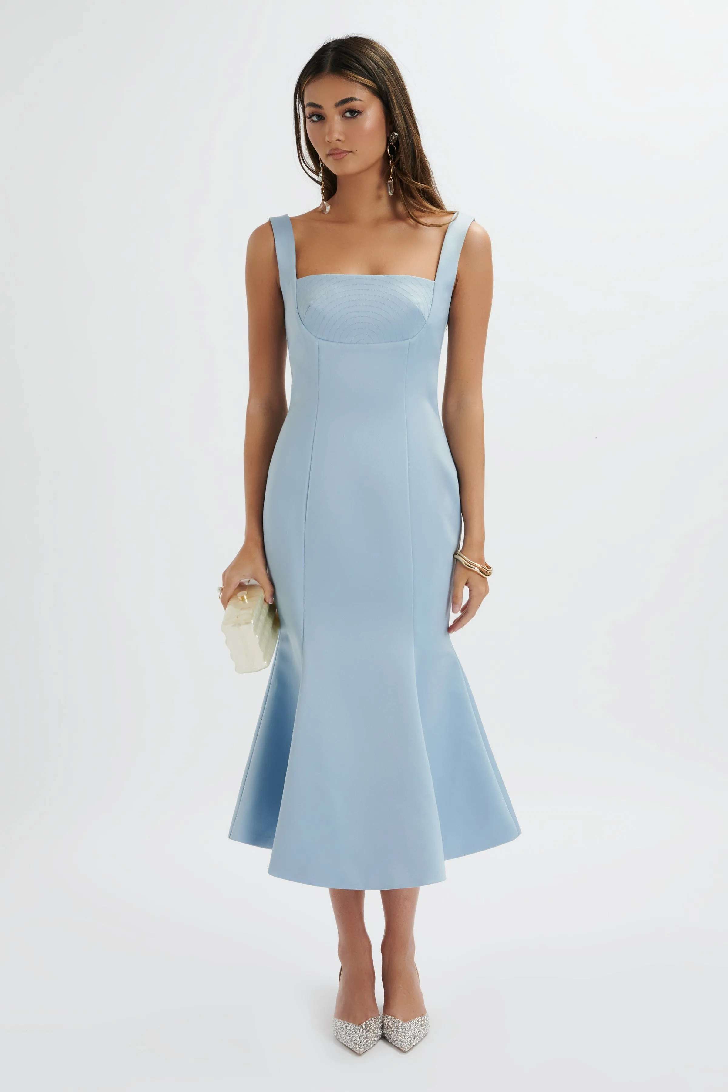 LAINEY Structured Satin Midi Slip Dress In Cornflower Blue