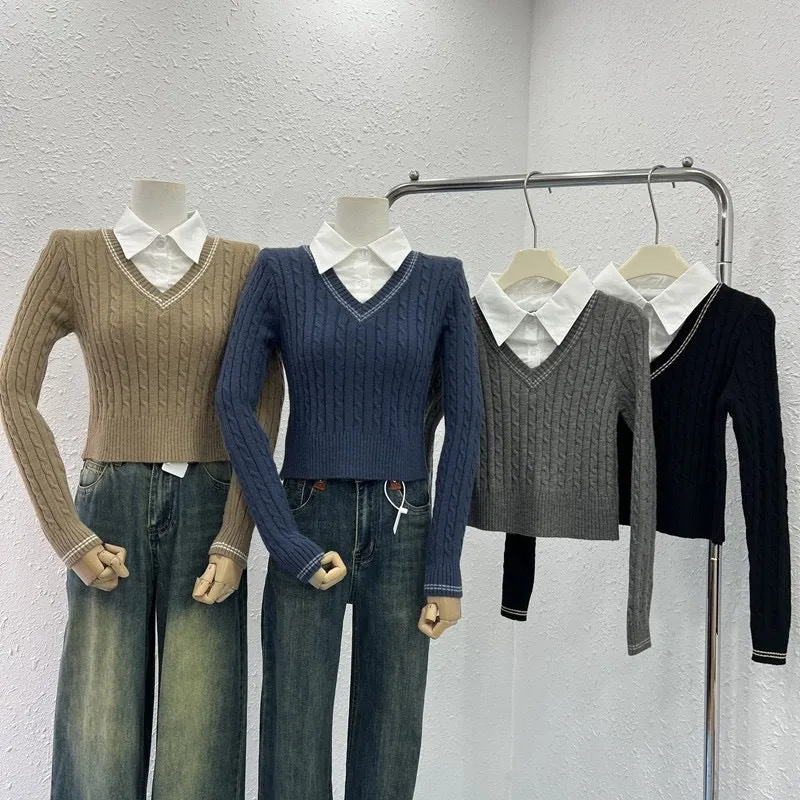 Lanfubeisi casual outfits Preppy Style Twist Stitching Shirt Collar Fake Two Pieces Autumn New Knitwear Sweater Coat Top for Women