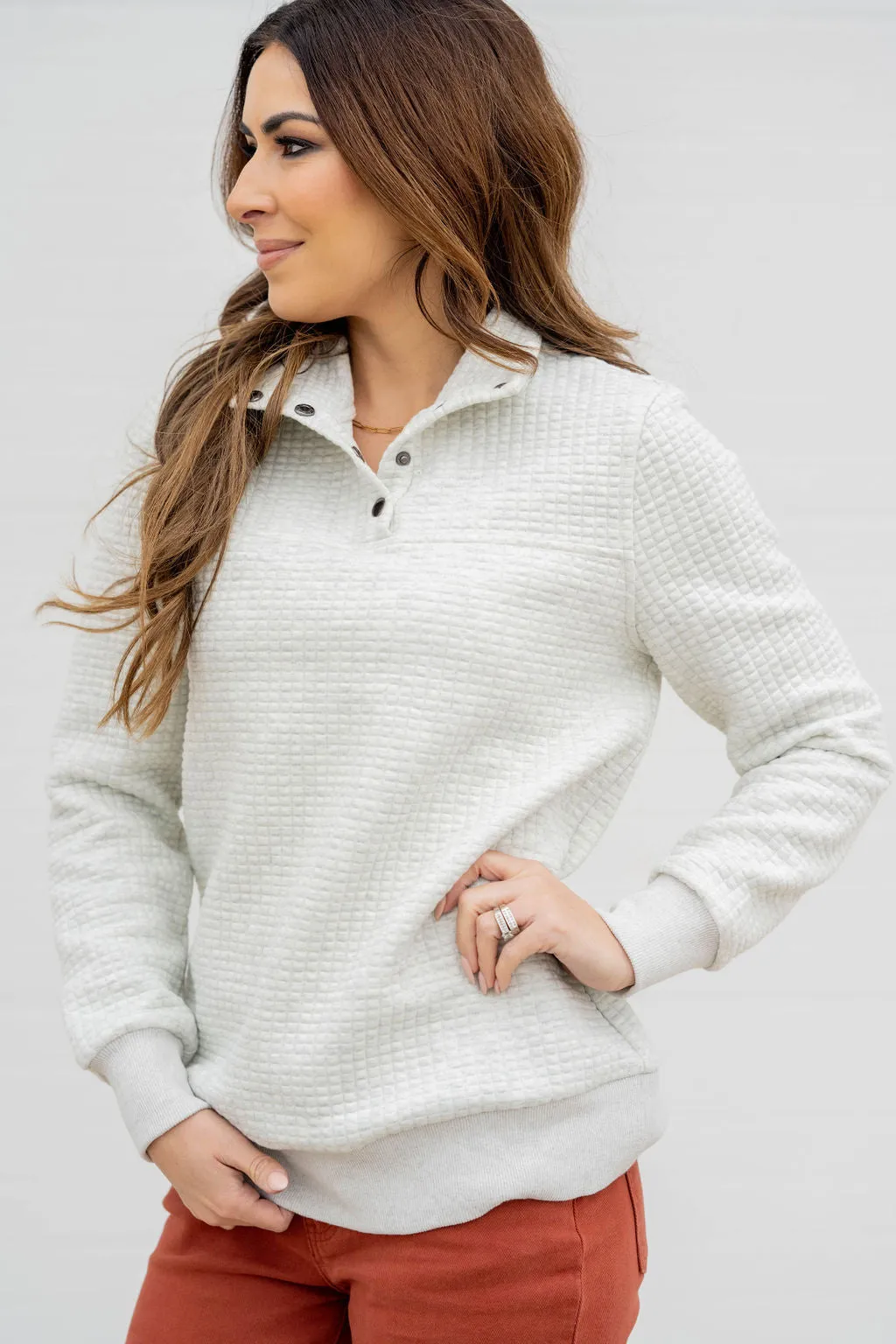 Large Quilted Button Accent Pullover