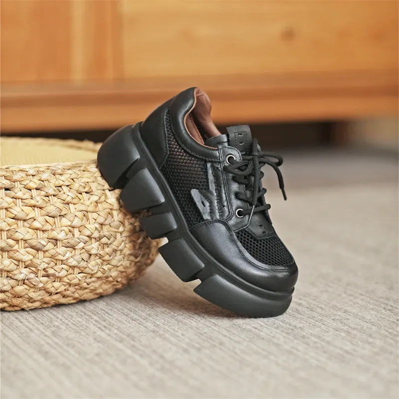 Leather and Mesh Low-top Platform Sneakers for Women Lace Up in Black/Beige/Brown