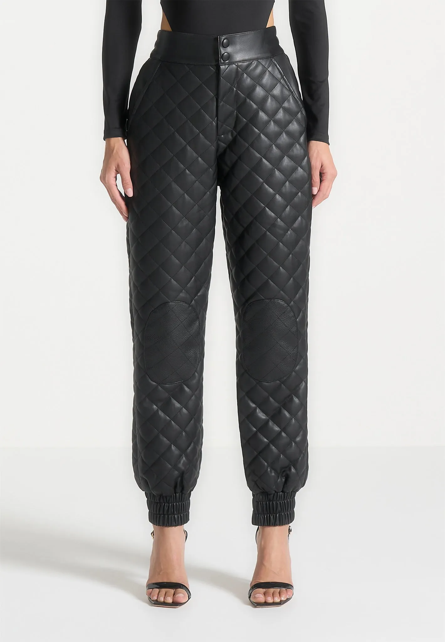 Leather Quilted Joggers - Black