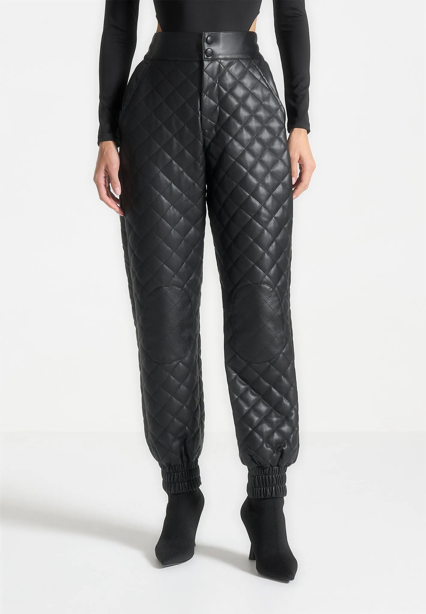 Leather Quilted Joggers - Black