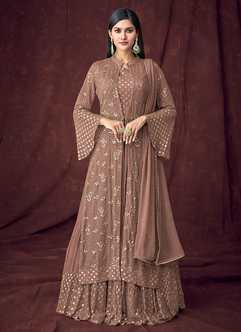 Light Brown Embroidered Jacket Style Anarkali Lehenga Suit