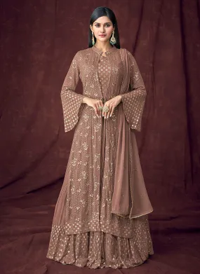 Light Brown Embroidered Jacket Style Anarkali Lehenga Suit