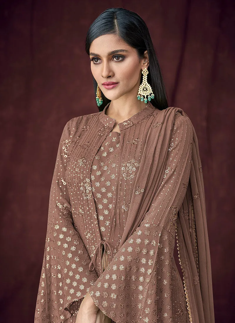 Light Brown Embroidered Jacket Style Anarkali Lehenga Suit