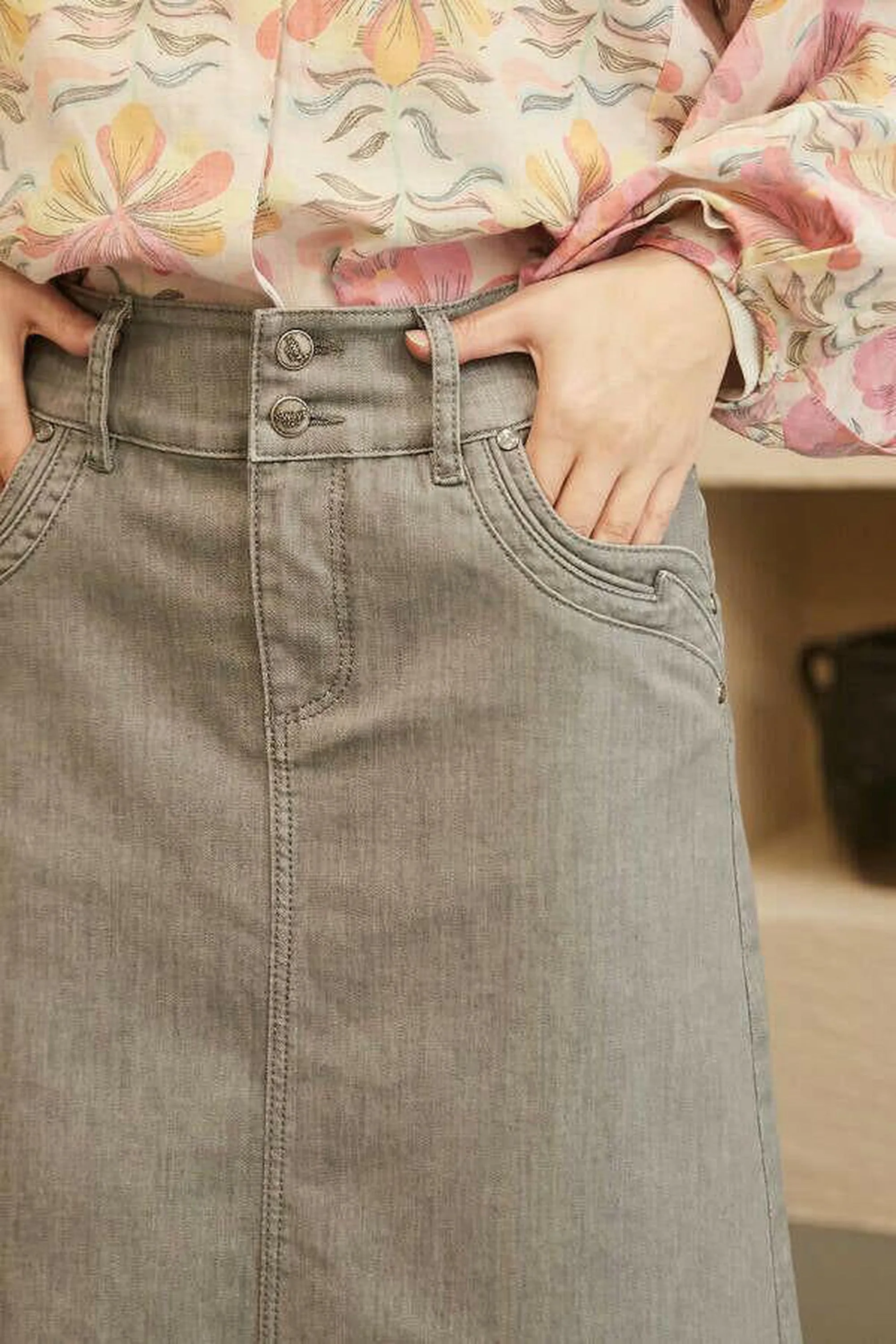 Long Denim Skirt in Gray