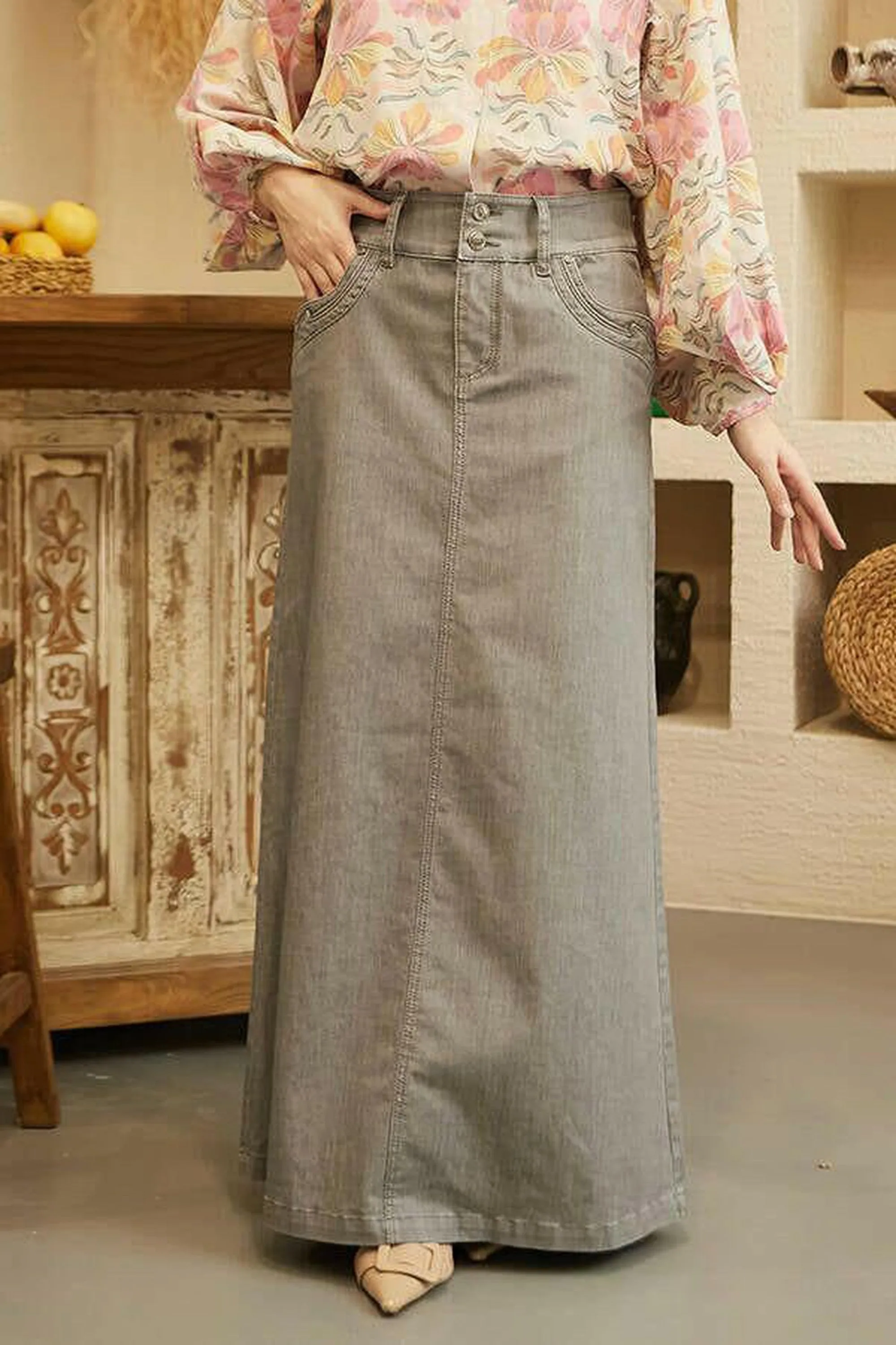 Long Denim Skirt in Gray