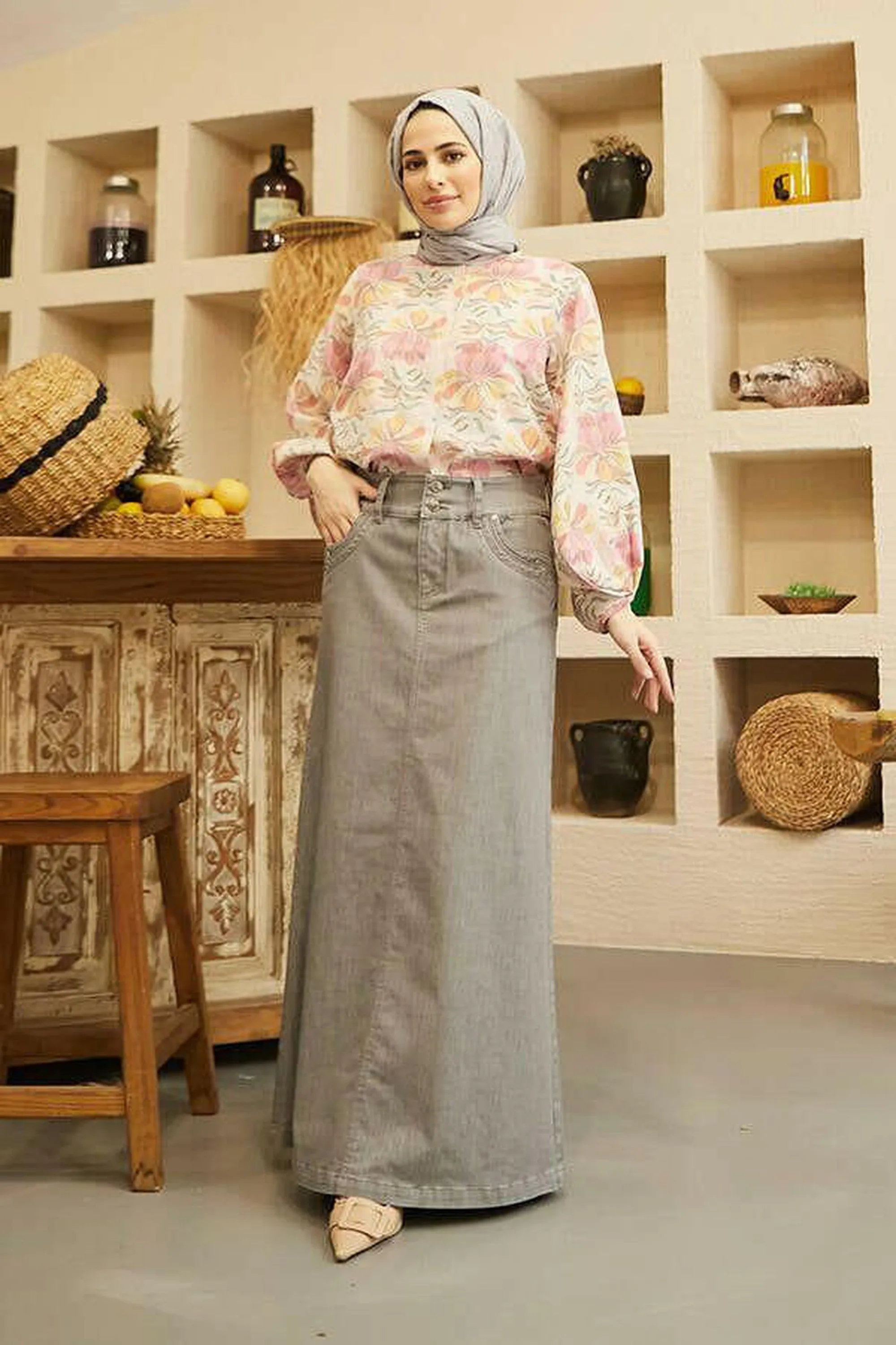 Long Denim Skirt in Gray