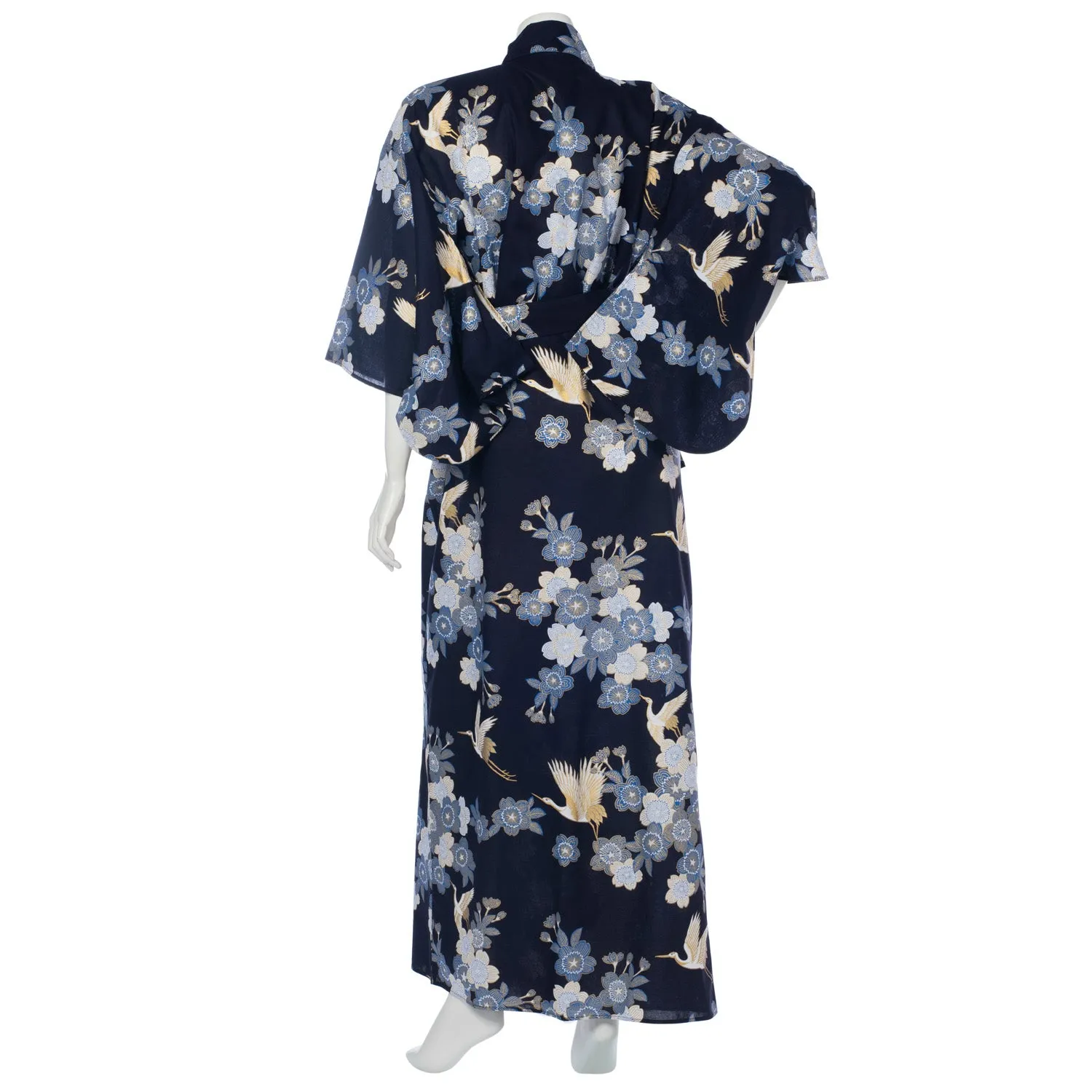 Long Navy Crane Floral Japanese Kimono