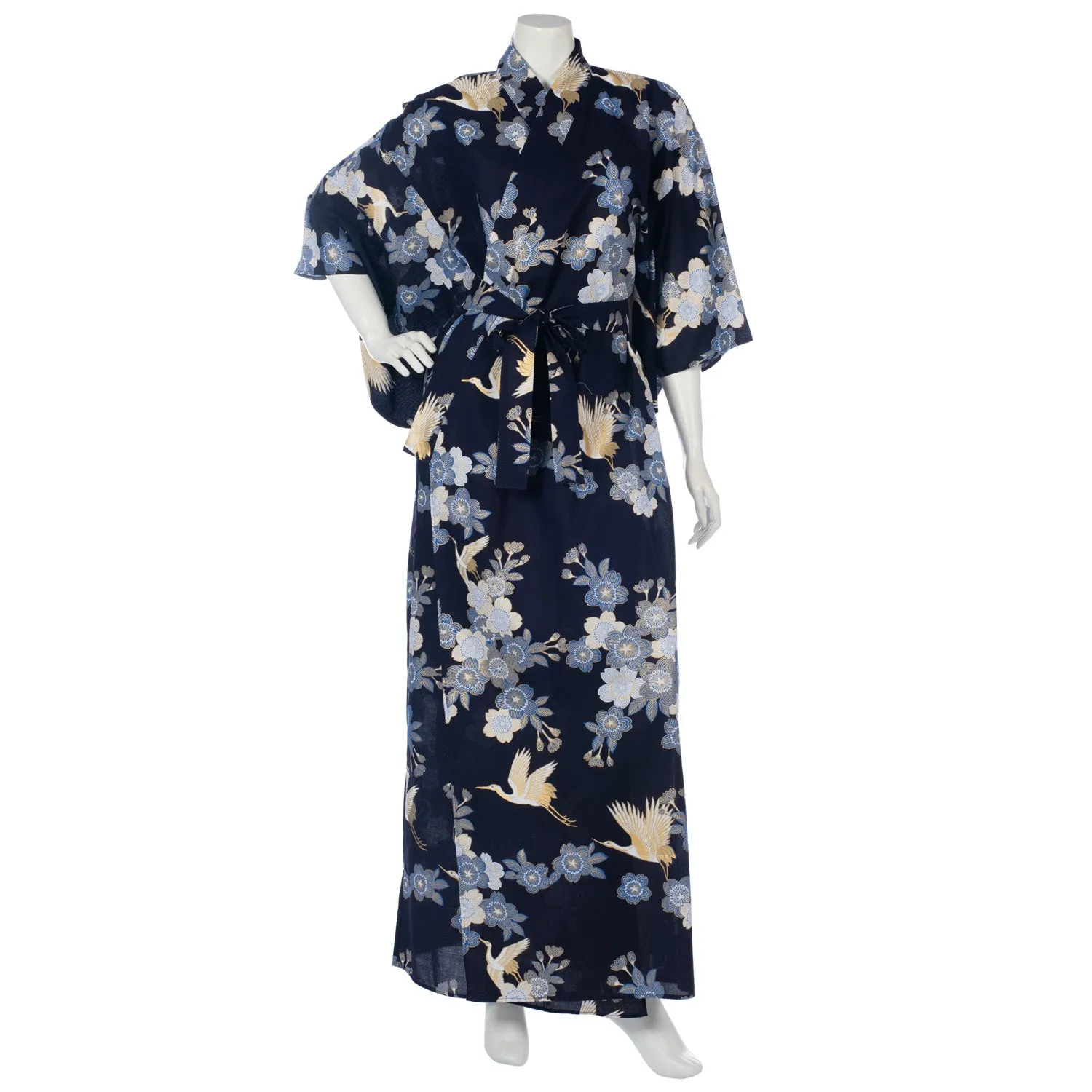 Long Navy Crane Floral Japanese Kimono