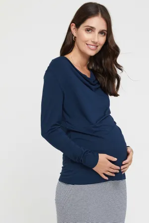 Long Sleeve Cowl Neck Maternity Top - Navy