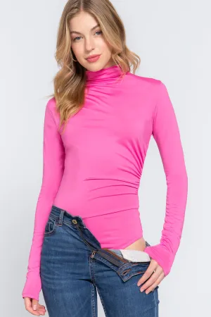 Long Sleeve High Neck Shirring Detail Ity Knit Bodysuit - 3 colors