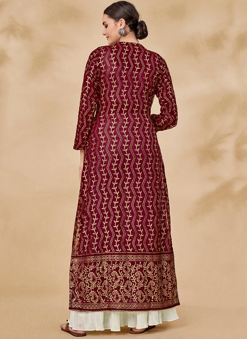 Maroon And White Embroidered Jacket Style Palazzo Suit