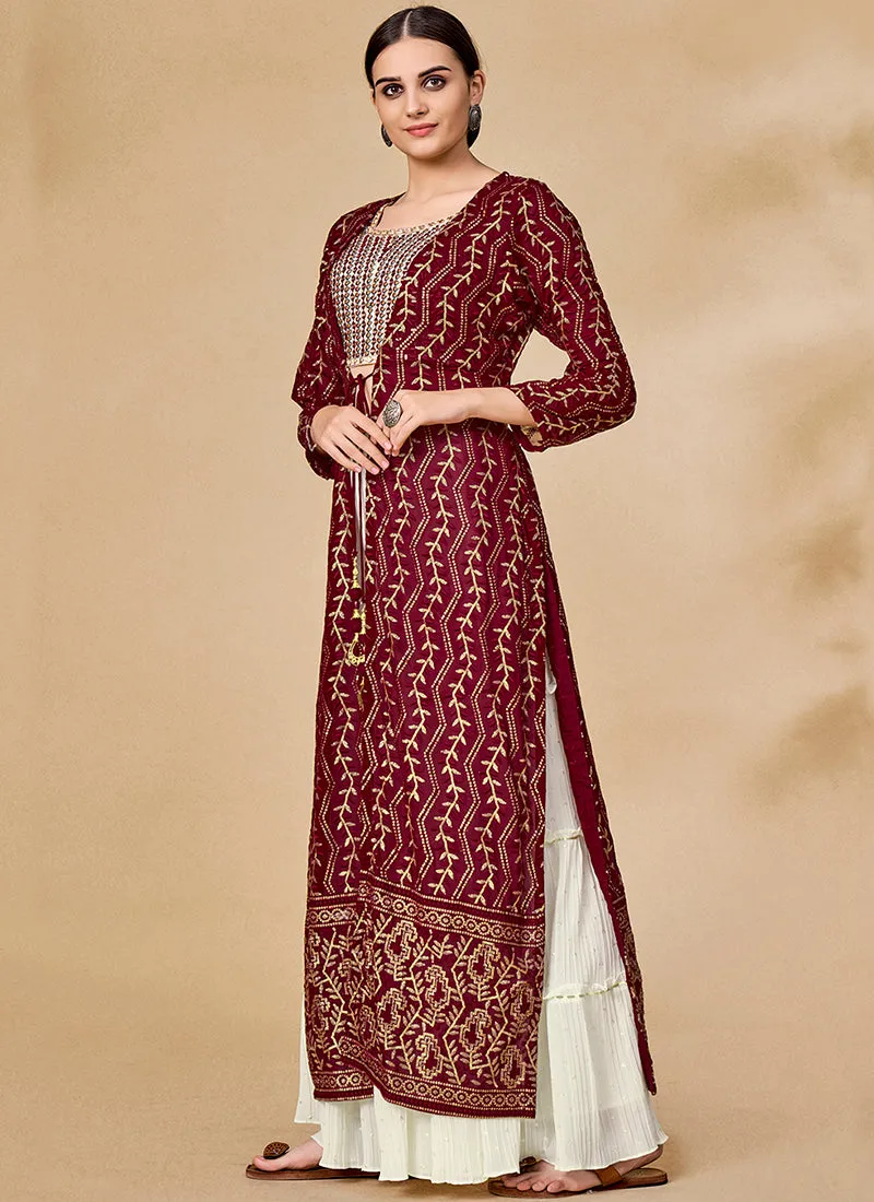 Maroon And White Embroidered Jacket Style Palazzo Suit