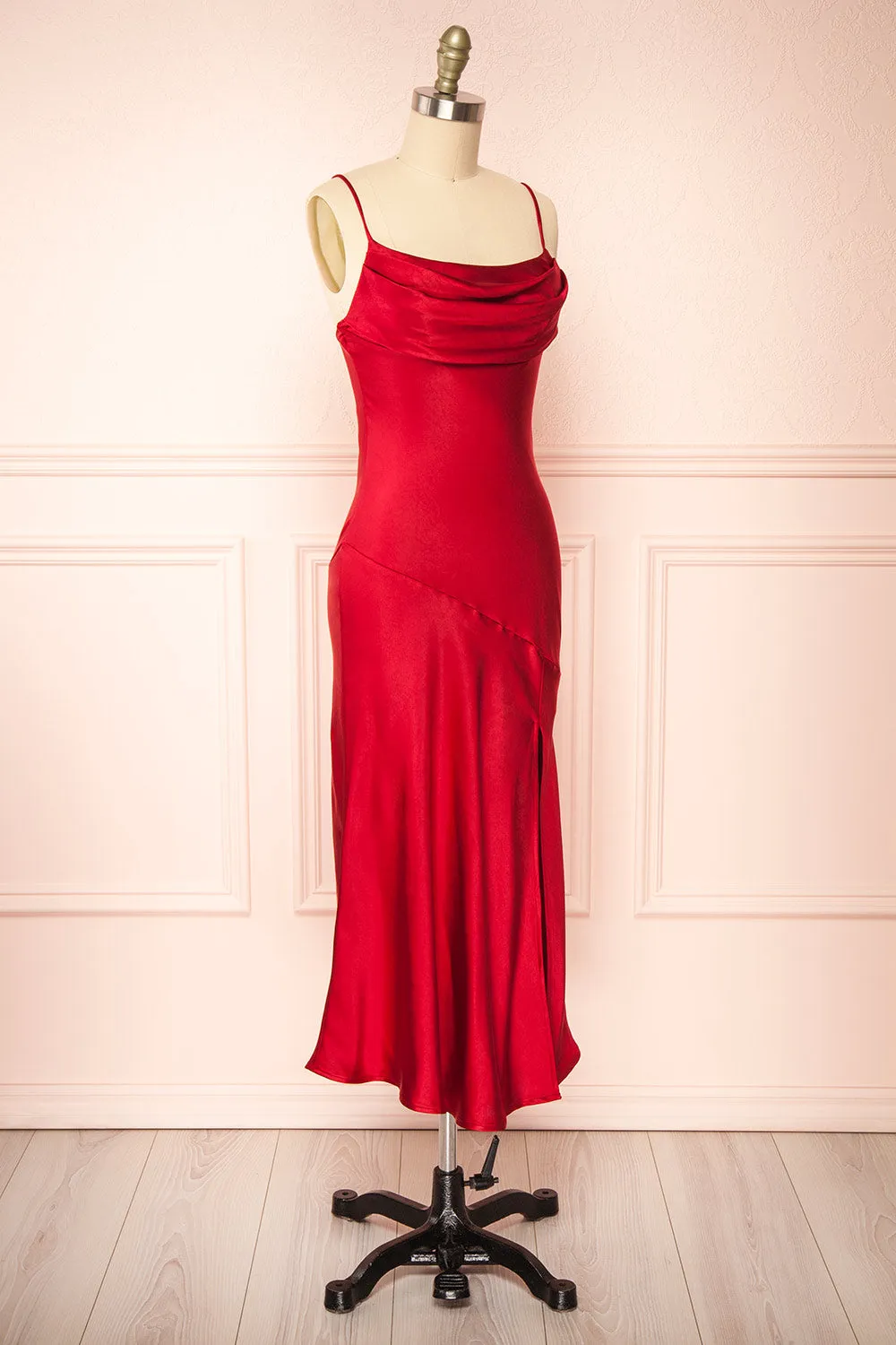 Meari Red | Cowl Neck Satin Midi Dress