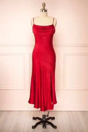 Meari Red | Cowl Neck Satin Midi Dress