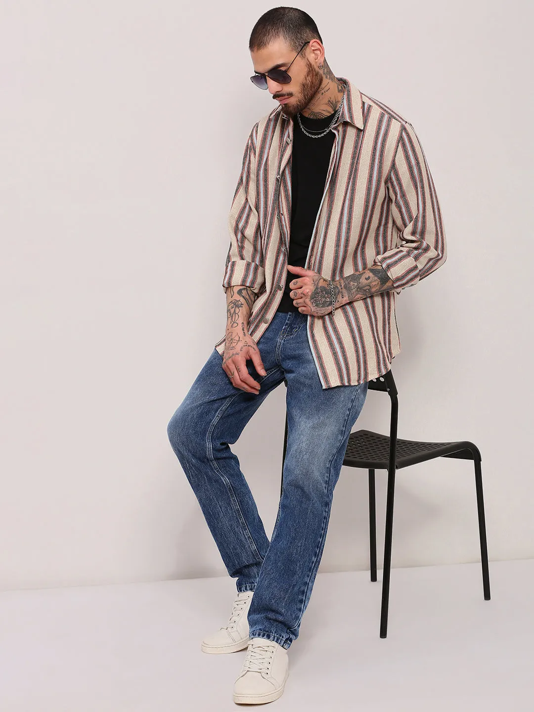 Men Beige Striped Shacket