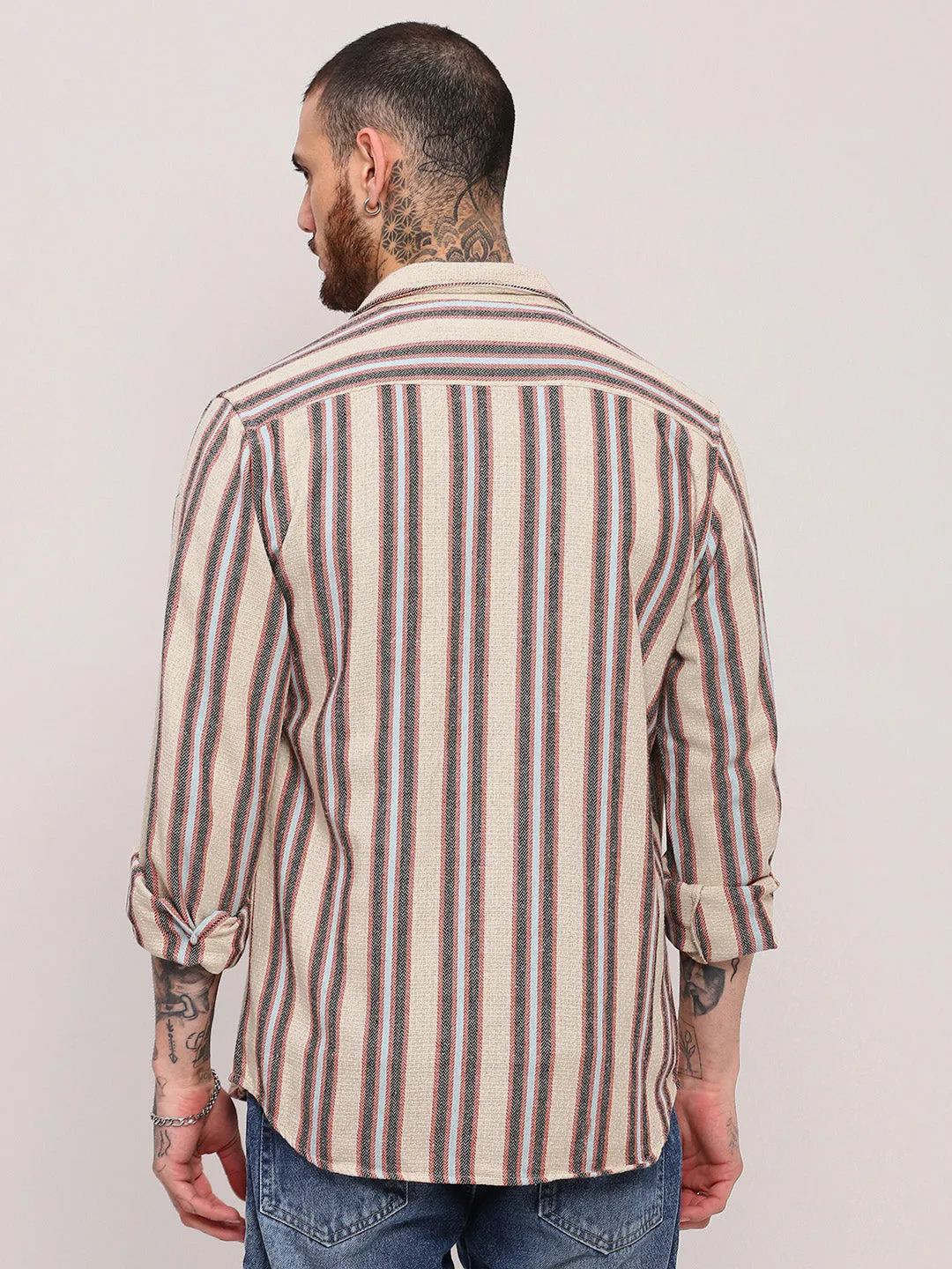 Men Beige Striped Shacket