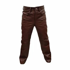 Mens Brown Crocodile Print Leather Quilted 502 Style Motorcycle Bikers Pants Jeans Trouser-502