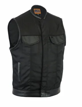 Men's Textile Motorcycle Vest With Leather Trim Concealed Snap Closure Solid Back