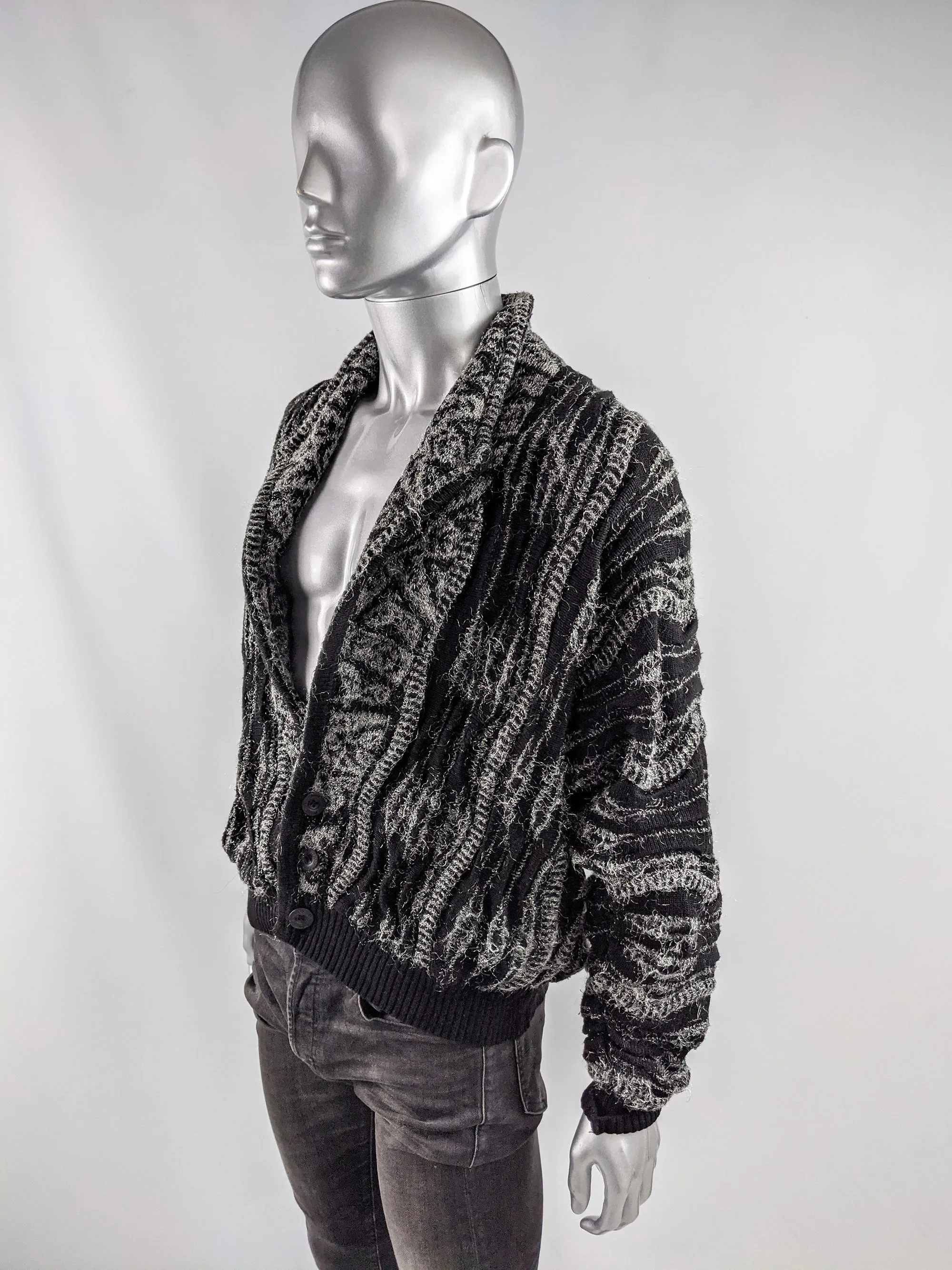 Mens Vintage Black & Silver Textured Fuzzy Knit Jacket, 1980s