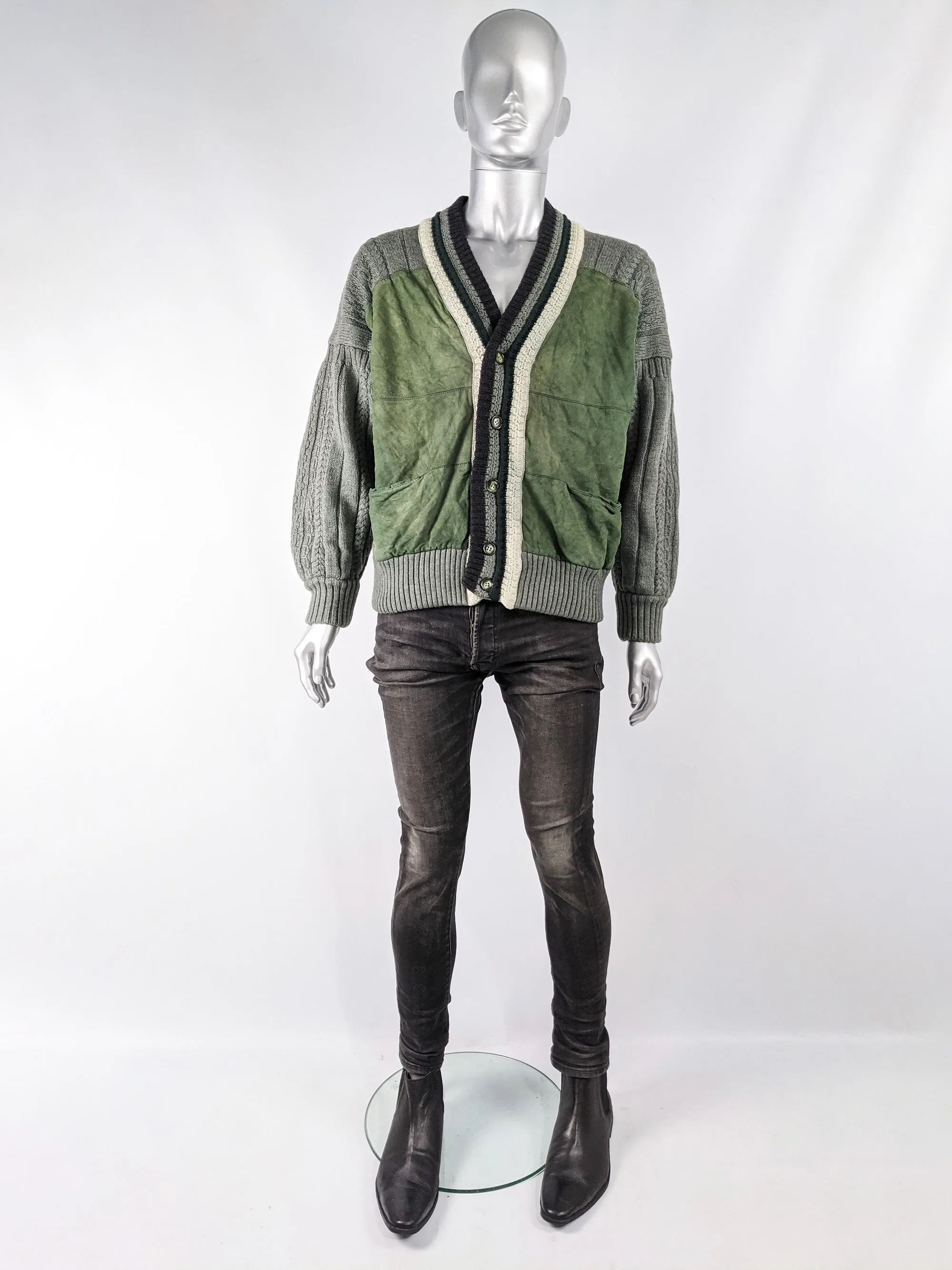 Mens Vintage Cable Knit & Suede Varsity Jacket, 1980s