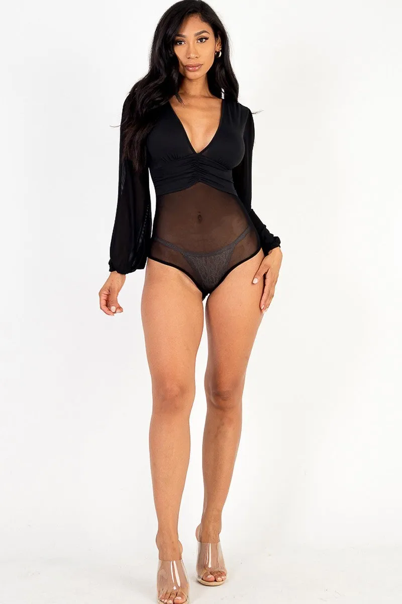 Mesh Long Sleeve Deep V Bodysuit - Ships from The US