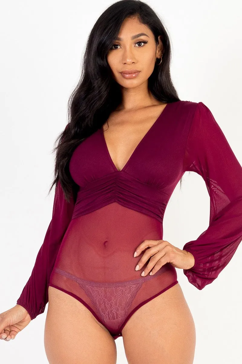 Mesh Long Sleeve Deep V Bodysuit - Ships from The US