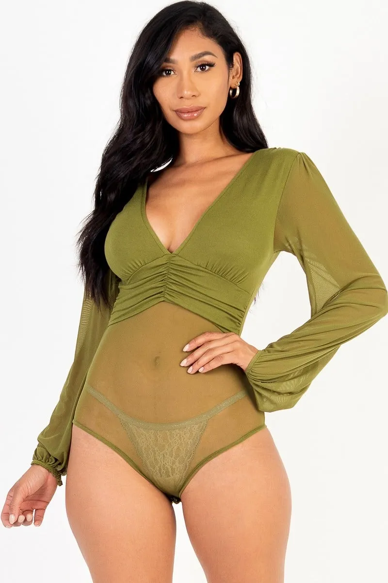 Mesh Long Sleeve Deep V Bodysuit - Ships from The US