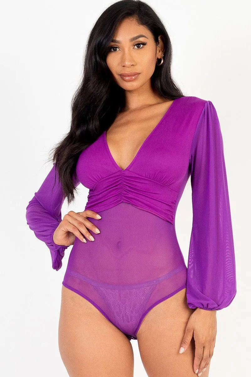 Mesh Long Sleeve Deep V Bodysuit - Ships from The US