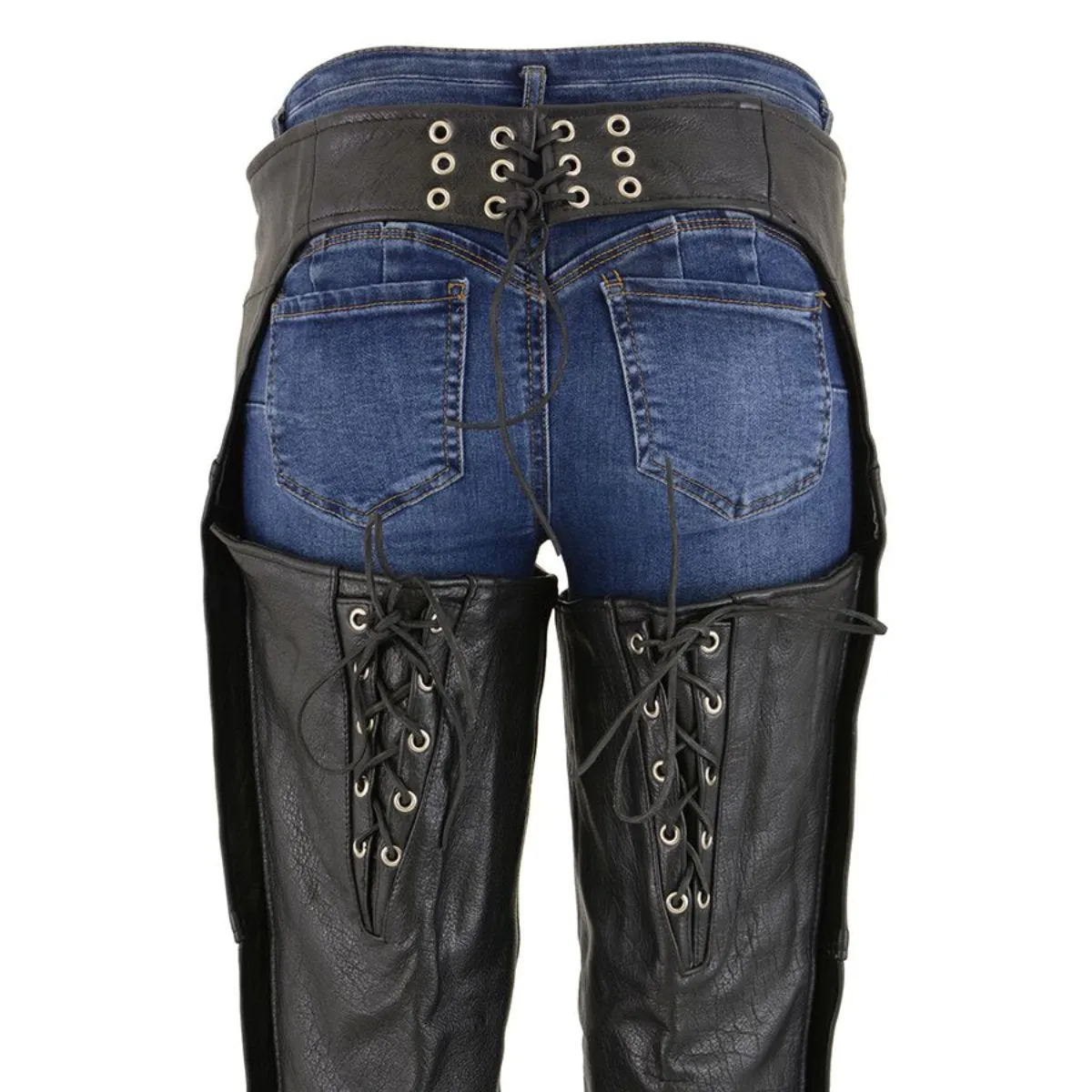 Milwaukee Leather Chaps for Women Black Premium Skin - Deep Hip Pockets Back Thigh Laces Motorcycle Chap - SH1173