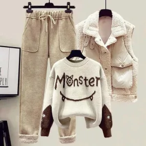 Monster Letter Knit Sweater Vest Coat Casual Pants Three Piece Set