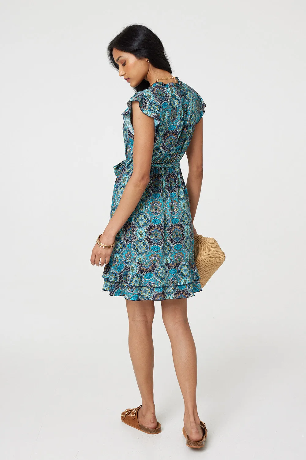 Mosaic Print Frill Tie Waist Short Dress