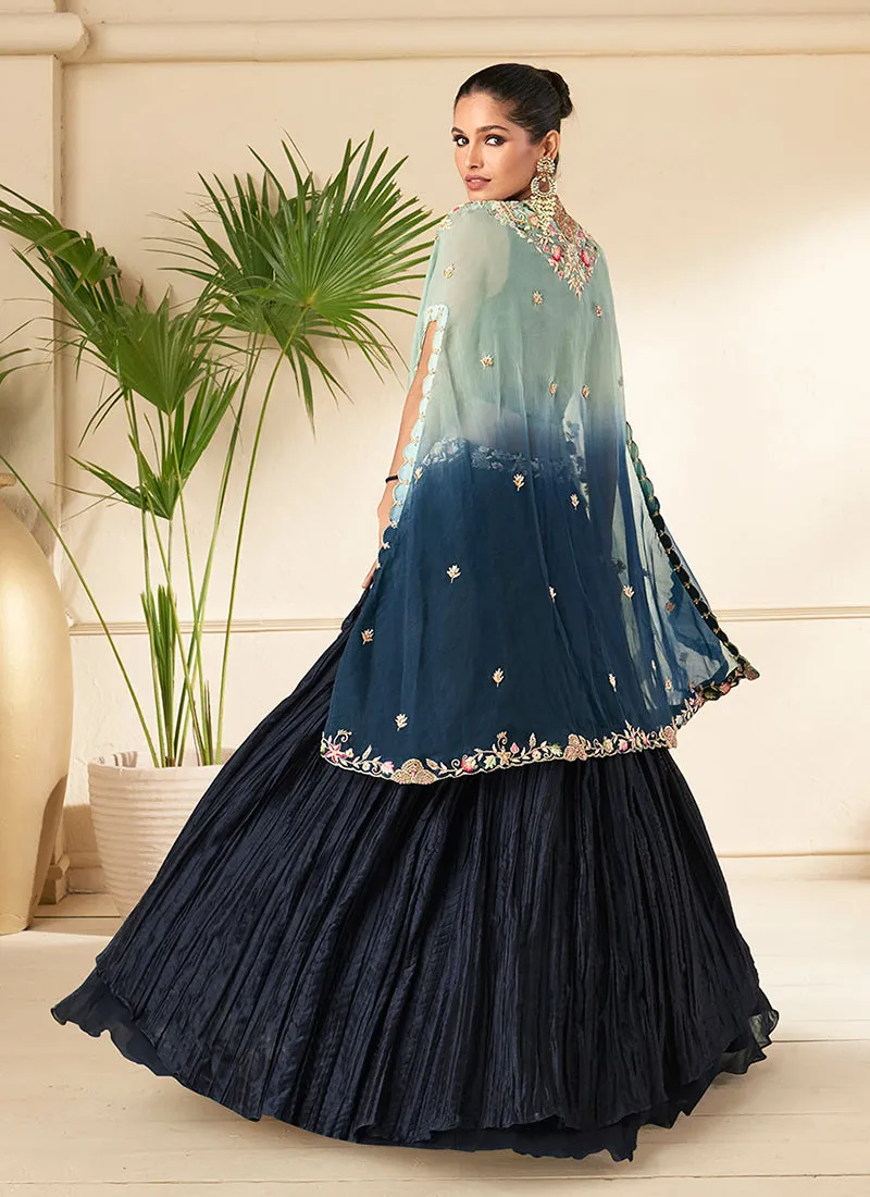 Navy Blue Multi Embroidery Cape Style Wedding Lehenga Choli