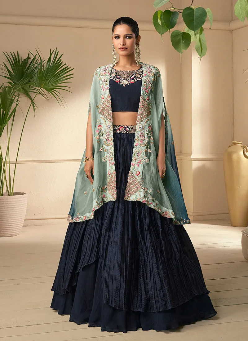 Navy Blue Multi Embroidery Cape Style Wedding Lehenga Choli