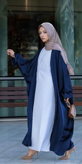 Navy Loves open front maxi satin abaya throw over