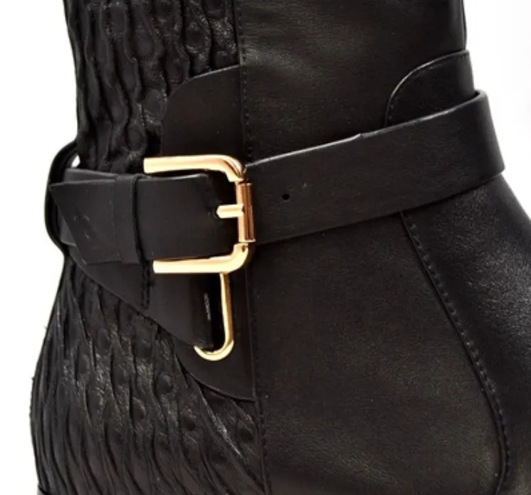 Naz Black Riding Boots with Quilted Back and Buckle - Stylish and Versatile for Any Occasion