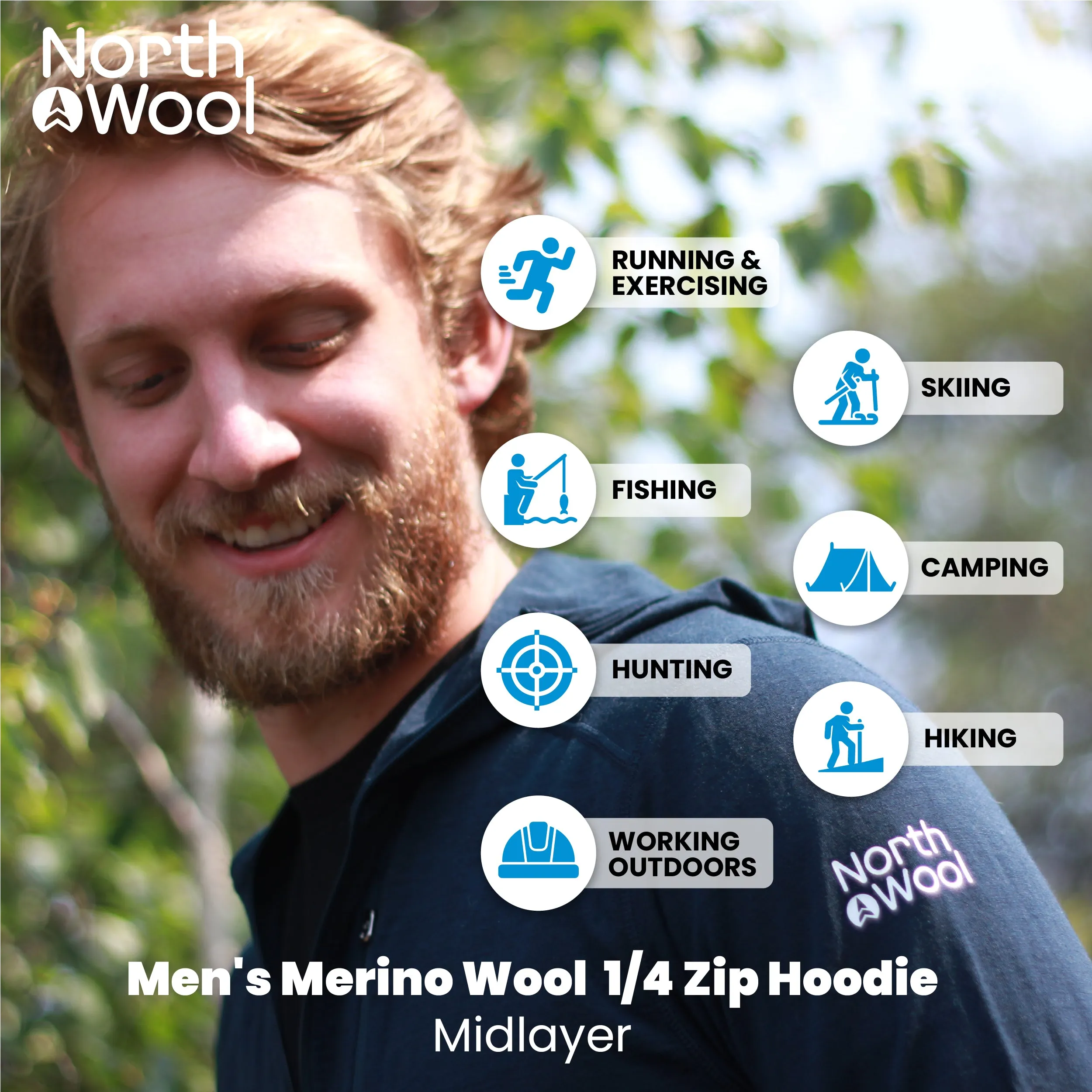 NorthWool Men's Merino Wool 1/4 Zip Midlayer Hoodie with Pouch and Pocket 260 GSM