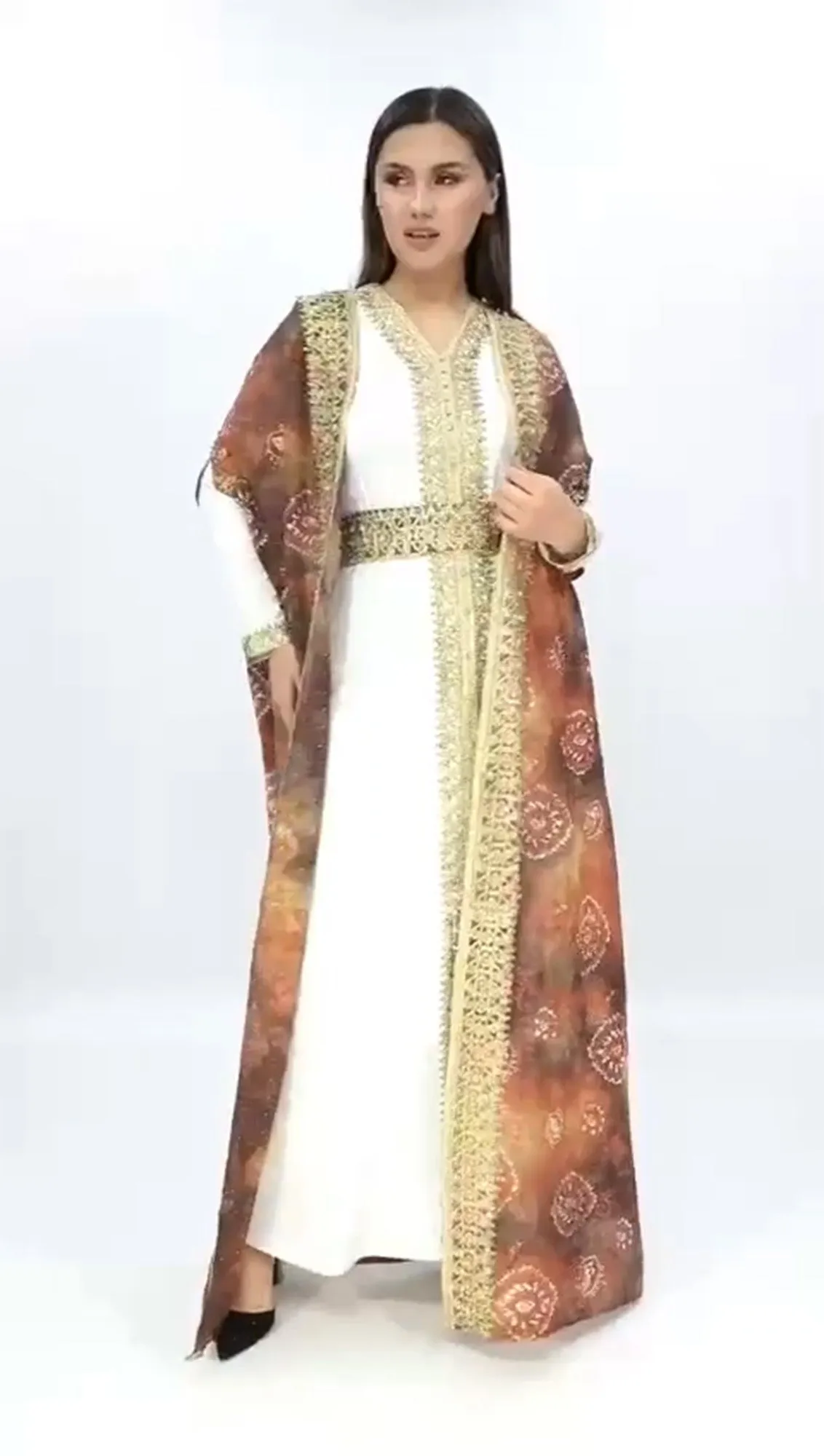 Ottoman Abaya for Women Turkish Hooded Long Dress Double Layered 3 piece Set Jilbab for Eid with Golden Embroidery and Rhinestones