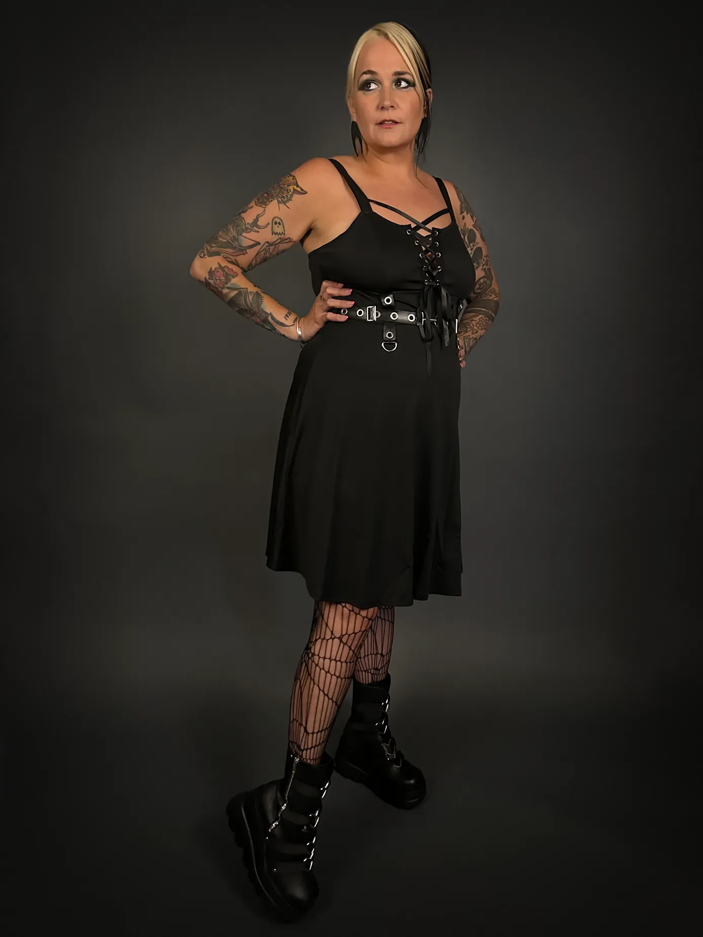 Outfit Set - Black Ribbon Lace-up Front A-line Goth Dress & Spider Web Tights Punk Style