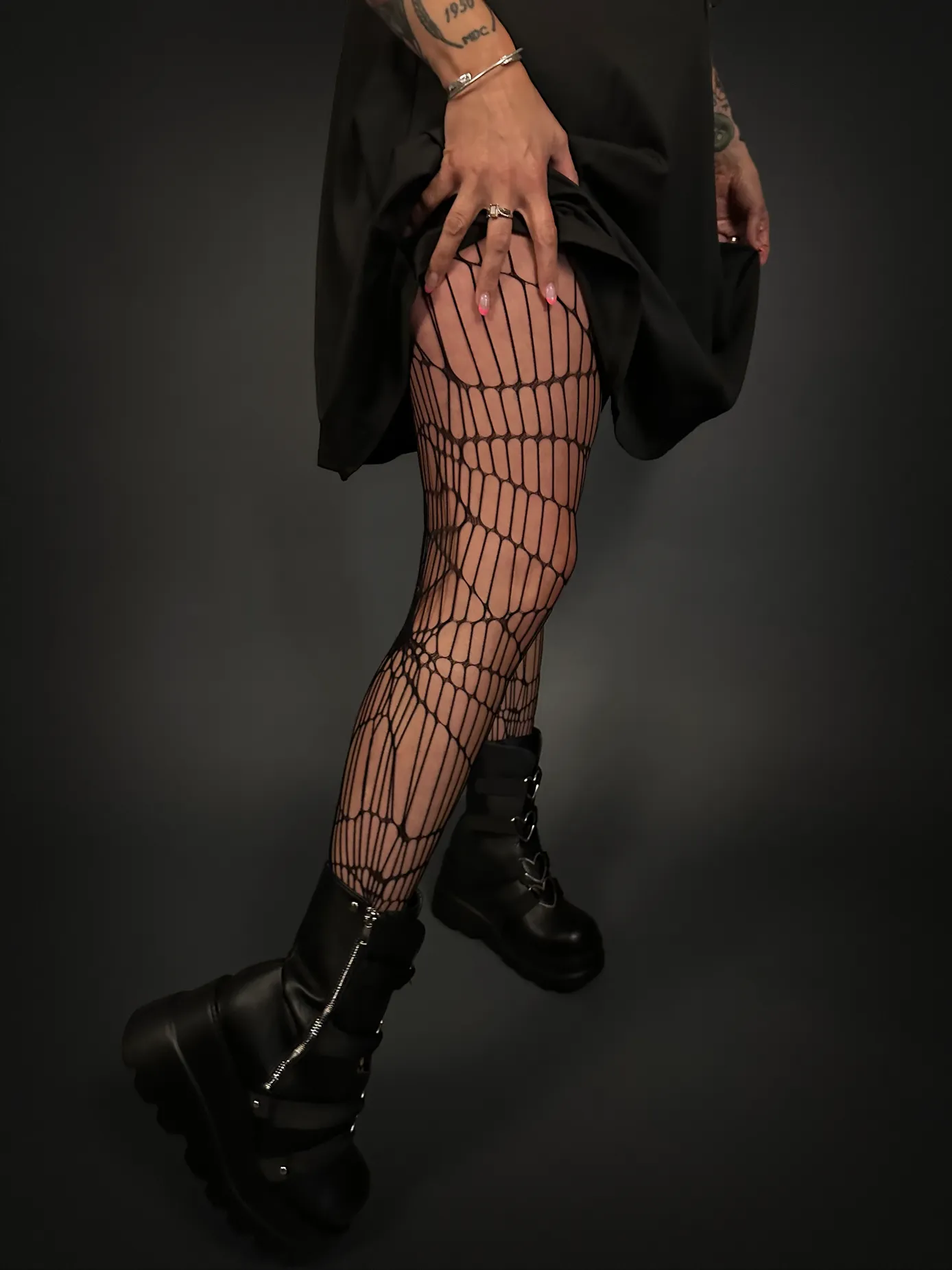 Outfit Set - Black Ribbon Lace-up Front A-line Goth Dress & Spider Web Tights Punk Style